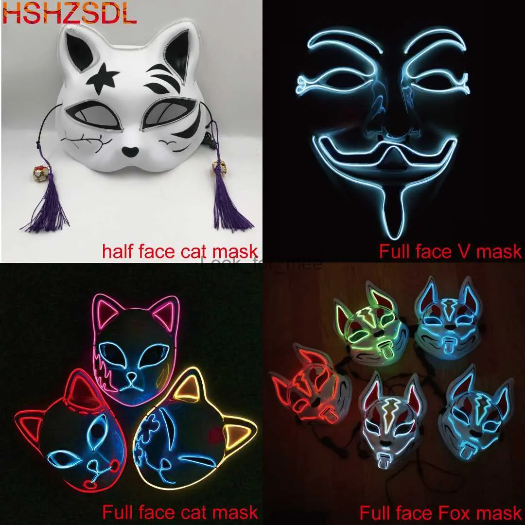 Halloween Mask Cute Cat Fox Vendetta El Wire Mask Flashing Cosplay Led Neon kostuummasker voor gloeiende dance carnaval party maskers HKD230810