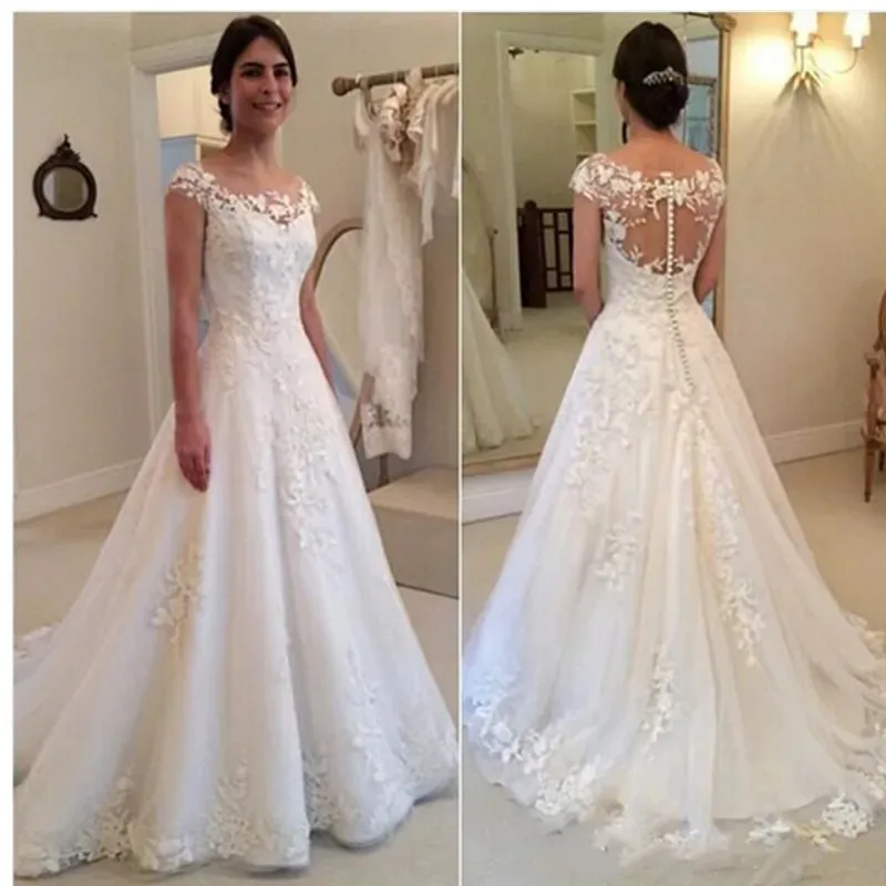 Modest Bateau Wedding Dresses New Lace Appliques Bridal Gowns A line Sheer See Through Button Back Cap Sleeves