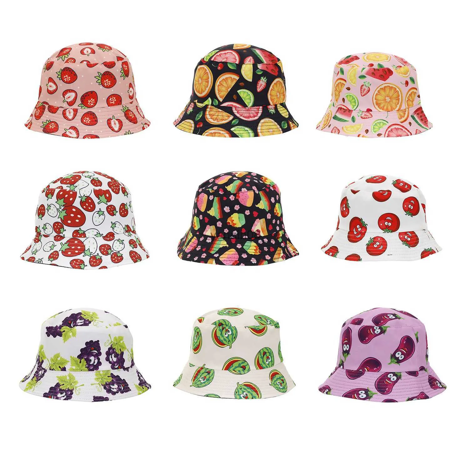 Brede rand hoeden emmer hoeden 2022 zomer dubbelzijdige groente fruit print emmer hoed mode hiphop zon cap mannen vrouwen bob hoeden outdoor panama gorros hkd230810