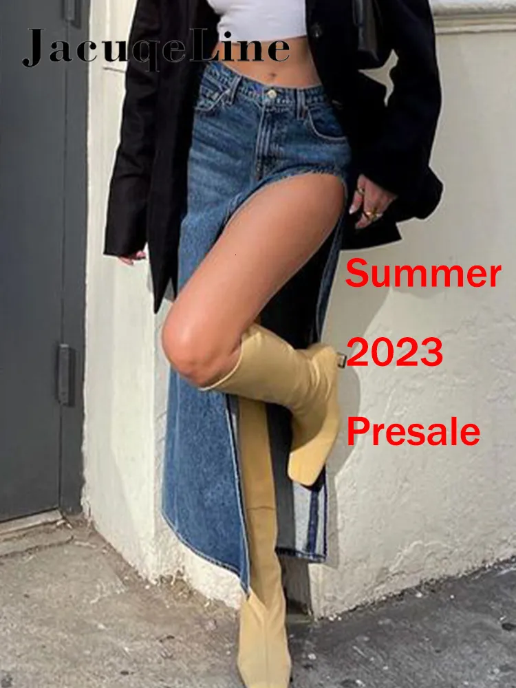 Spódnice Jacuqeline Low talii seksowne wysokie spód dżinsowe spódnice Kobiety midi Slim Micro Long Spódnica Y2K Retro Blue Summer Presale Streetwear 230810