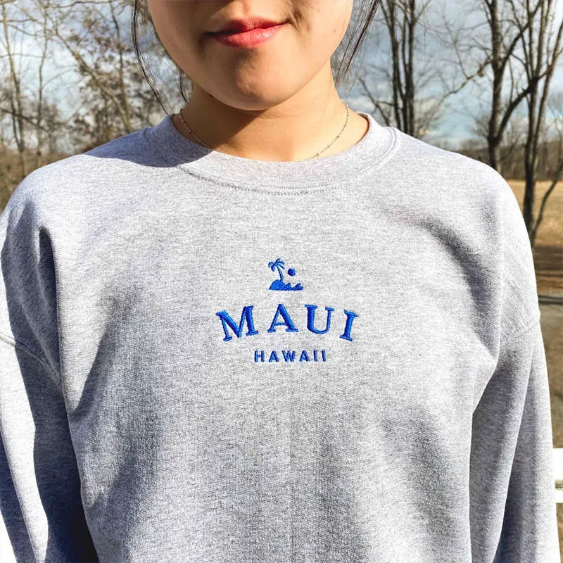 Kvinnors luvtröjor tröjor Maui Hawaii broderad grå långärmad lös män kvinnor hösten casual kläder vintage stil unisex bomull pullovers 230809