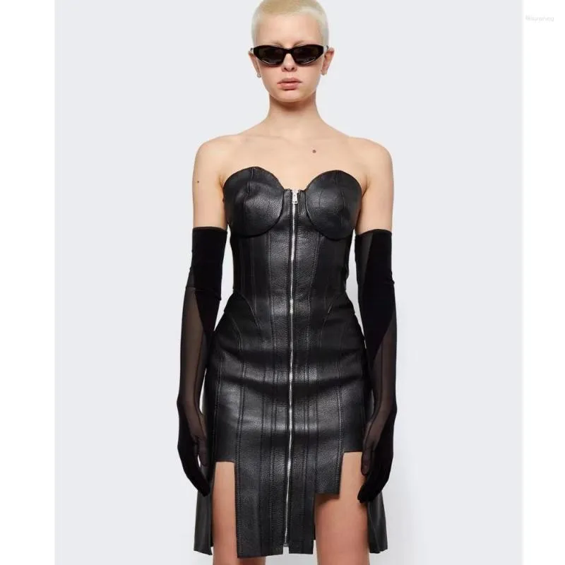 Casual Dresses Elegant Women Summer Black Sexy Sleeveless Design Long Leather Dress 2023 Zipper Celebrity Club