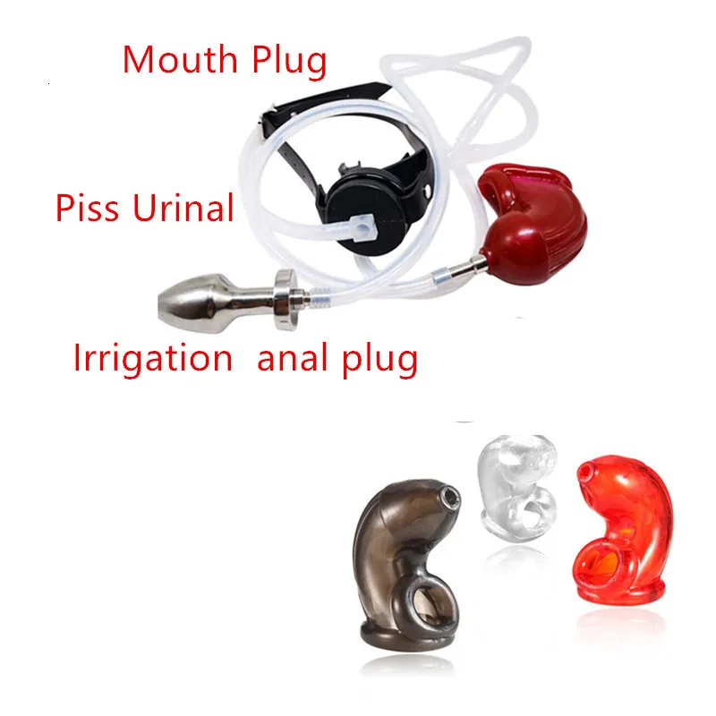 Anal Toys Upgrade Piss Urinal Flow In To Mouth Plug BDSM Male Chastity Cage Irrigation System Rostfri Anal Plug 230810