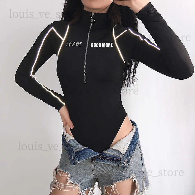 Long sleeve bodysuit women Personality reflective high-neck zipper one-piece tops women's tight bottoming sexy body T-shirt Y2K T230810
