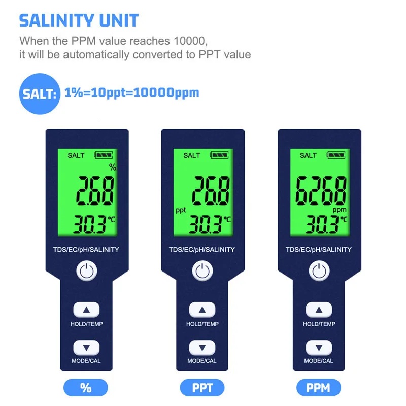 Testeur Ph Tds Salinité Portable étanche Testeur De Qualité D'Eau 5 En 1 Portable - PH, TDS, Salinité, Température - Étanche IP67 - Pour Piscine, Aquarium Testeur Eau