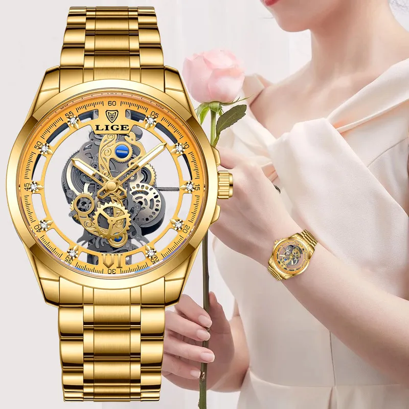 その他の時計lige 2023ゴールドウォッチレディースすべてのスチールスケルトンデザイン女性ブレスレット女性時計レリロジオフェミニノ230809