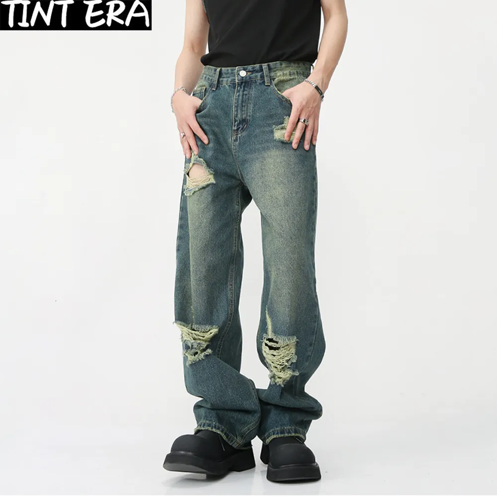 Hommes Jeans TINT ERA Déchiré pour Hommes Pantalon Large Hip Hop Distressed Denim Pantalon Mâle Vintage Casual Streetwear Japonais 230809