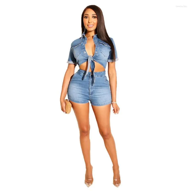 Women's Tracksuits Denim Two Piece Set For Women Sexy Bandage Crop Top Jacket Suit Summer Outfits Casual High Waist Skinny Female Jeans