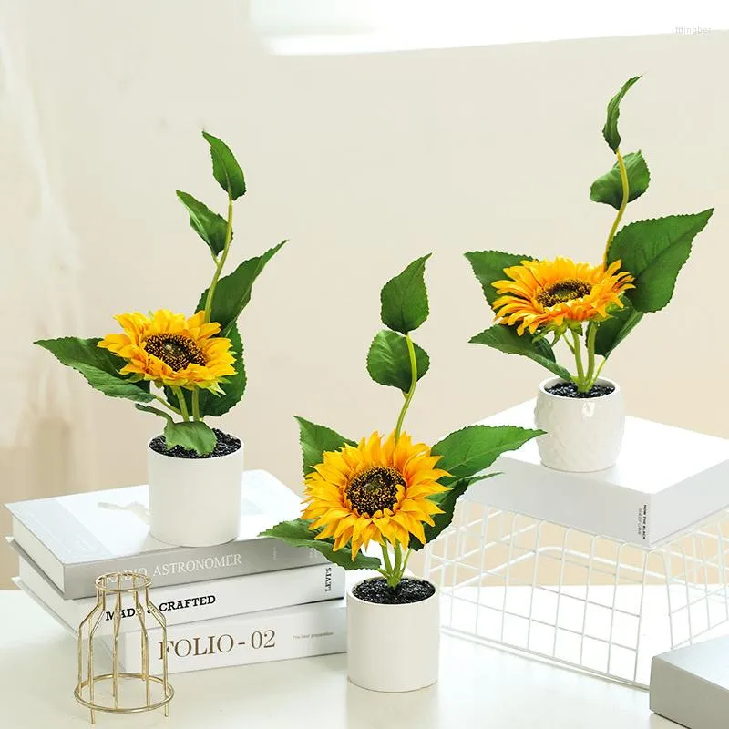 Fleurs décoratives Simulation Tournesol Bonsaï Artificielle Fleur De Soie En Plastique Pot Faux Plantes En Pot Pour La Maison Bureau Decktop Décoration