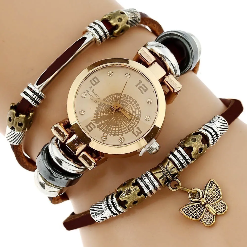 Andra klockor Gnova Platinum Top Women Premium äkta Leather Watch Triple Armband Butterfly Charm Wristwatch Fashion Para Femme A581 230809