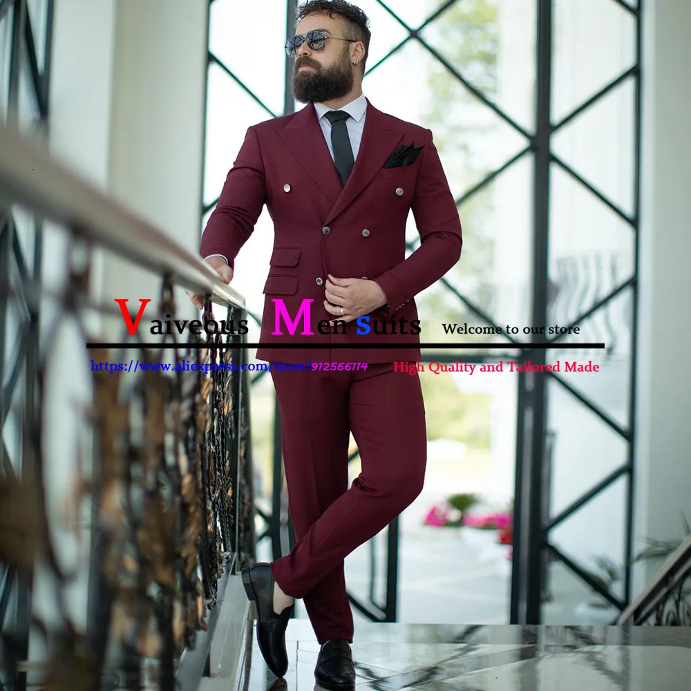 Costumes pour hommes Blazers Costumes élégants pour hommes Bordeaux Business Male Blazer Sets Double Breasted Groomsmen Wedding Tuxedo 2 Piece Terno Noivo Casamento 230809