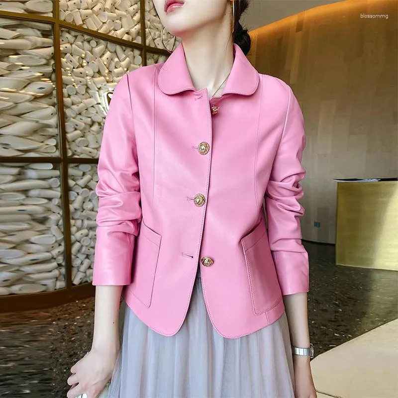 Women's Leather Pink Genuine Jacket For Women Spring Autumn 2023 Trend Metal Buttons Short Motorcycle Natural Sheepskin Jackets