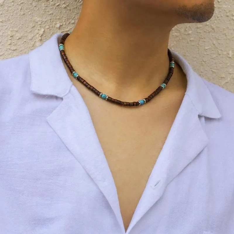 Choker vintage małe drewniane koraliki krótki naszyjnik Mężczyzn