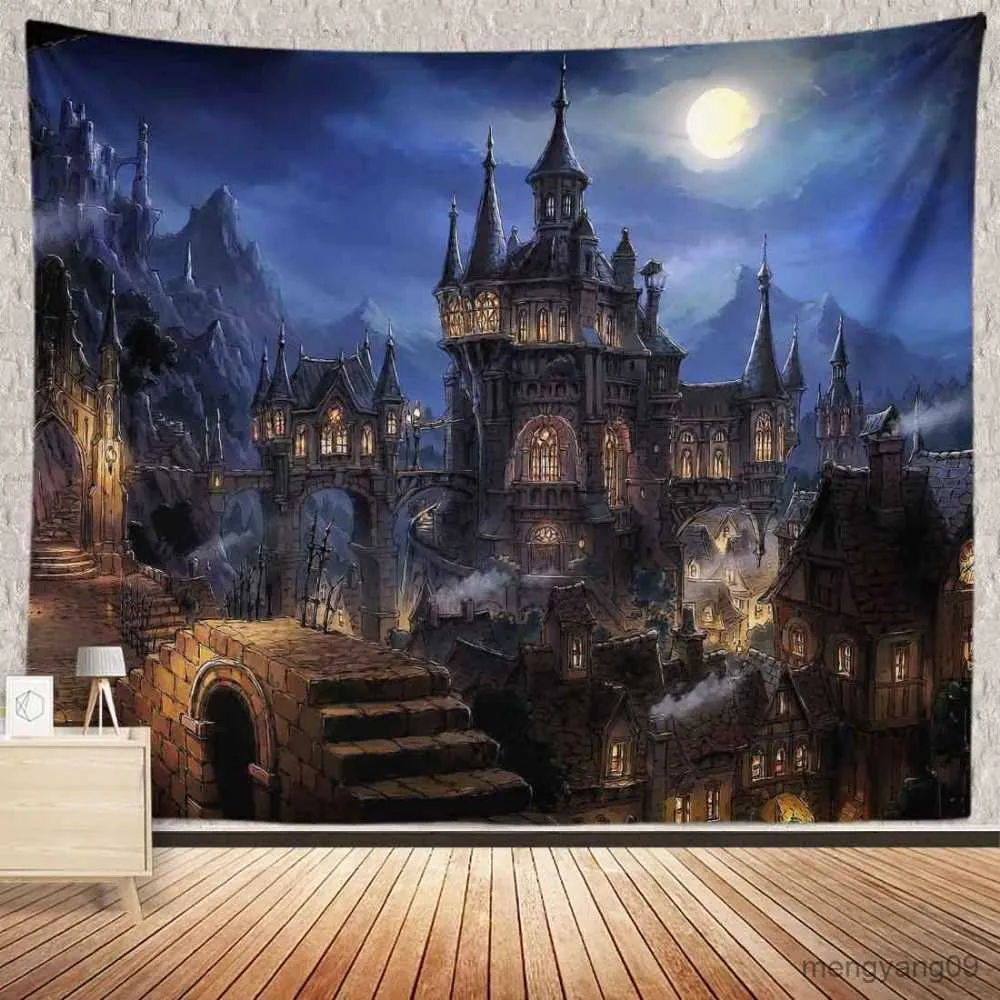 Tapisserier Castle Tapestry Tree and River in Fantasy Forest Wall Hanging Fairy Tale Tapestries for Kids Bedroom Living Room Dorm Wall Decor R230810