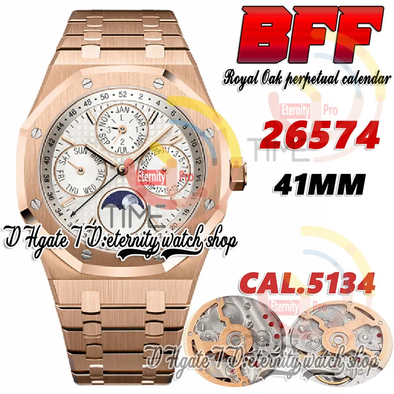 BFF bf26574 Complicated Function Cal.5134 A5134 Automatic Mens Watch 41mm Moon Phase White Textured Dial Stick Markers Rose Gold Steel Bracelet eternity Watches