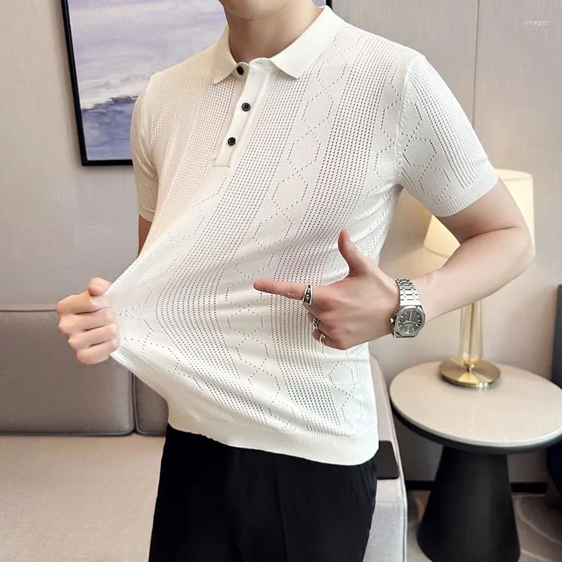 メンズポロスブラック/ホワイトサマーショートスリーブニットポロシャツの男性服2023シンプルなビジネスカジュアルスリムフィット弾性通気性ティー