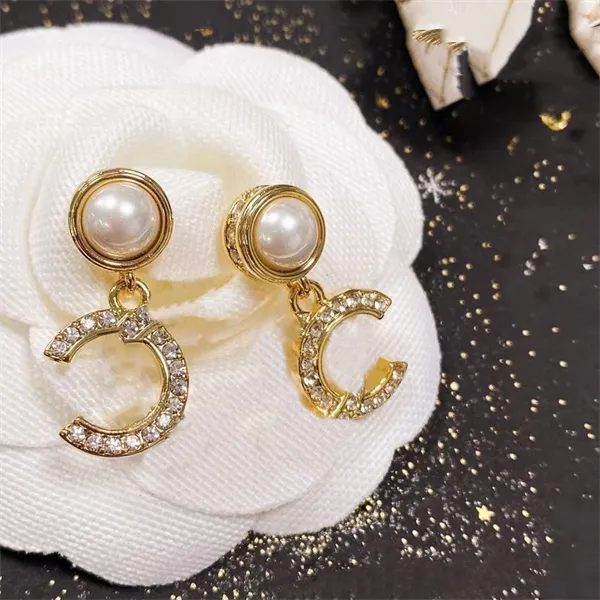 Woman Stud C Logo Earrings Designer Letter C Long chain Earring Women jewelry Ccity Double Pearl crystal orecchini 45350