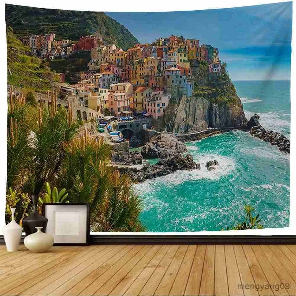 Tapestry Italy Landscape: Cliffside Village Cinque Terre Seaside Scenery  Wall Hanging for Bedroom, Living Room, Dorm, Home Decor R230810
