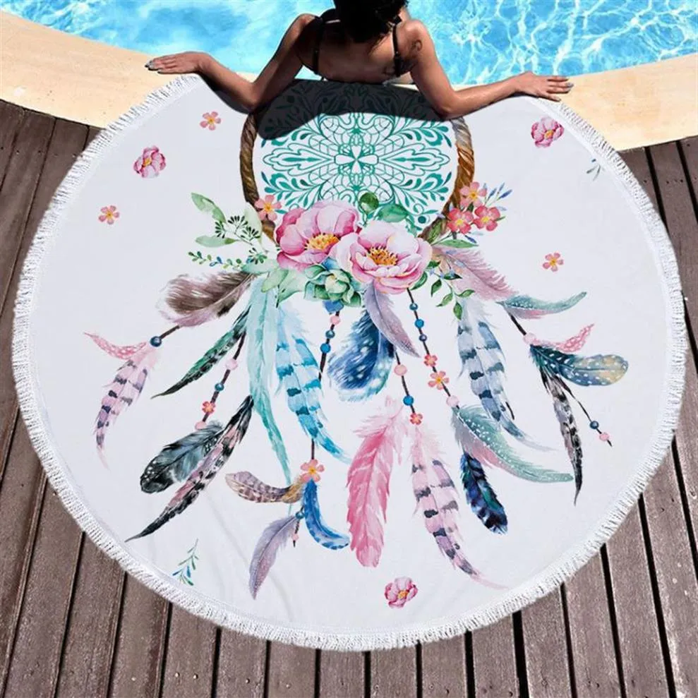 Dreamcatcher Round Beach Towel Microfiber Shower Bath Towels Picnic Blanket Summer Swimming Shawl Beach Cover Up With Tassel291b