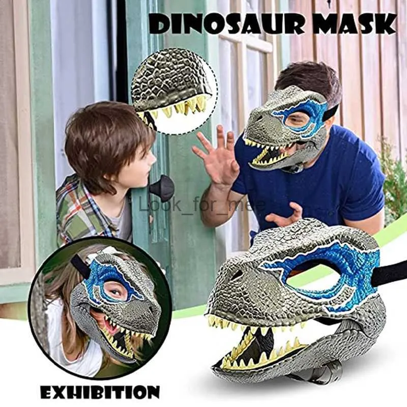 Blue Raptor Dinosaur Mask, fácil de usar com cintos de segurança e movimento de mandíbula em movimento, amiga e família assustadoras para crianças HKD230810