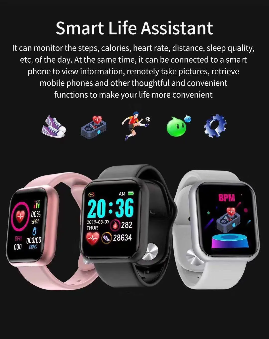 Y68 D20 Smartwatch Fitness Bransoletka ciśnienie krwi (Monitor Bransoletka Kardio Cardio Bransoletka mężczyźni Mężczyźni inteligentne zegarek na iOS Android