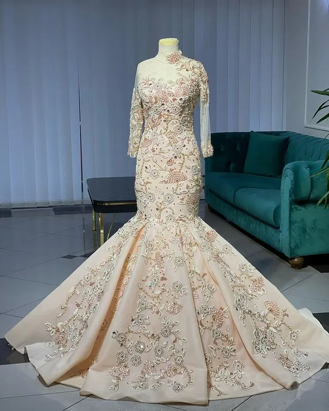 2023 August Aso Ebi Champagne Mermaid Prom Dress Lace Beaded Evening Formal Party Second Reception Birthday Engagement Gowns Dresses Robe De Soiree ZJ784