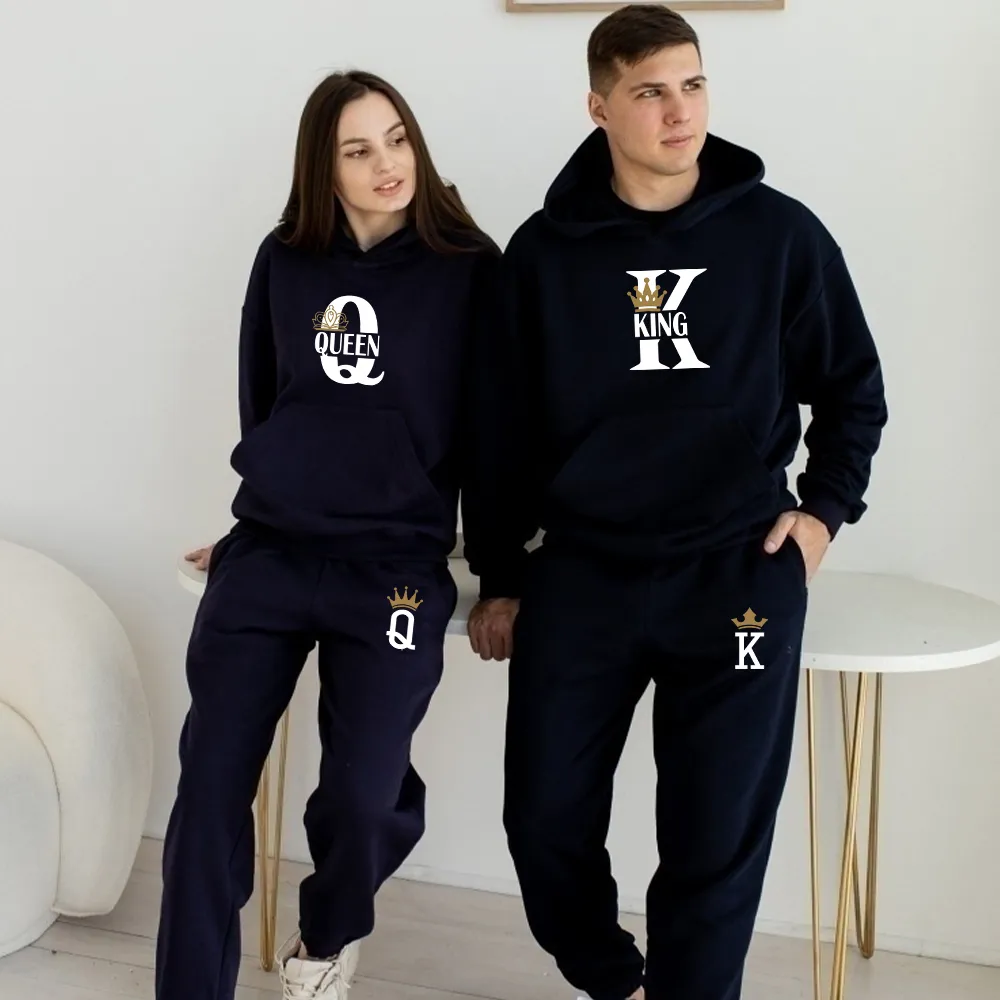 Men s Tracksuits Lovers Couple KING QUEEN Print Hoodie Suits 2 Piece and Pants Men Women Set Tops Classic Fashion Sportwear Outfit 230809