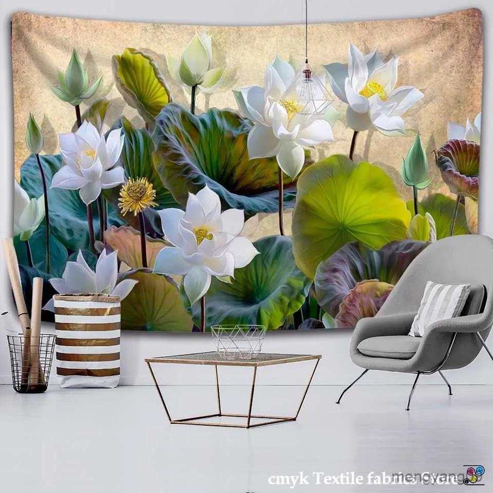 Tapestries Lotus Leaf Indian Tapestries Lotus Scenery Background Cloth Bedroom Bedside Wall Hanging Art Tapestry Curtain Large Size R230810