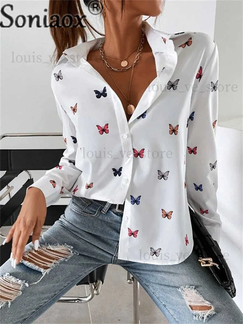 Fashion Butterfly Print Revers Collar Hemd Frauen mit einem Brauen Spleißtimen Damen Herbst Langarm Lose Pendlerbluse T230810