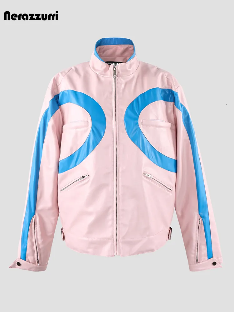 Herrjackor Nerazzurri Autumn Pink and Blue Color Block Pu Leather Jacket Men Zip Up Luxury Designer Clothes Runway European Fashion 230809