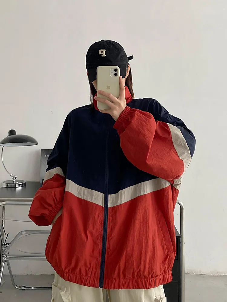 Mens Stand Collar Patchwork Varsity Windbreaker Jacket Retro Mens Stand Collar Patchwork Varsity Windbreaker Jacket Retro