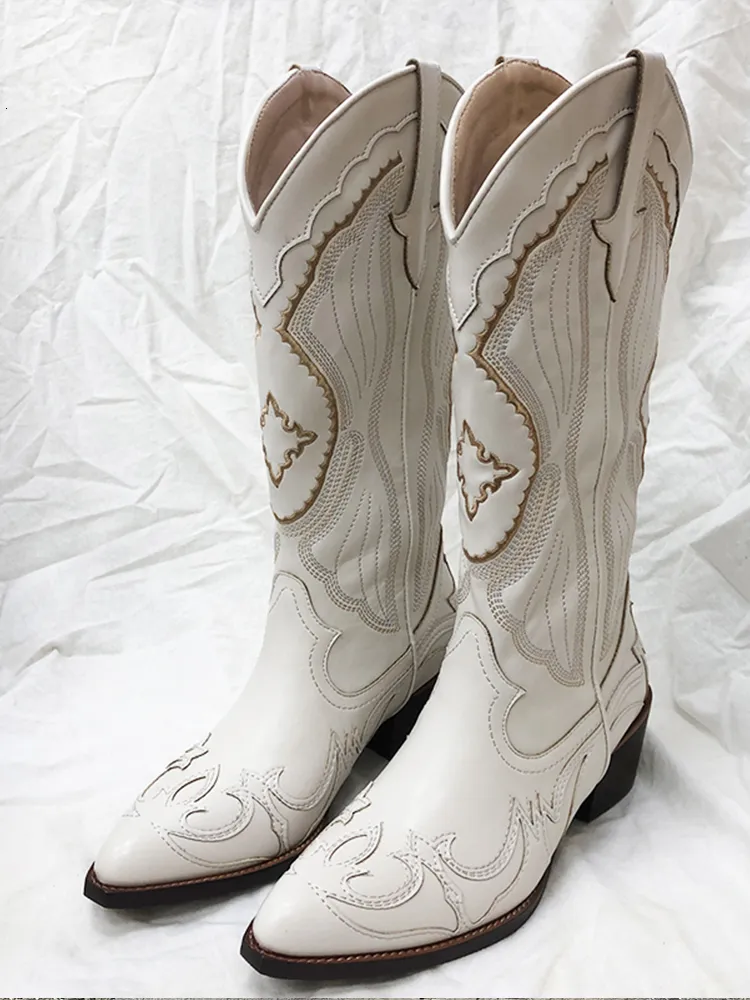 Stiefel BONJOMARISA Weiße Cowboy-Western-Kniehohe Stiefel mit klobigem Absatz und spitzem Zehenbereich zum Hineinschlüpfen, lange Herbststiefel, die Freizeitschuhe befreien, 230809