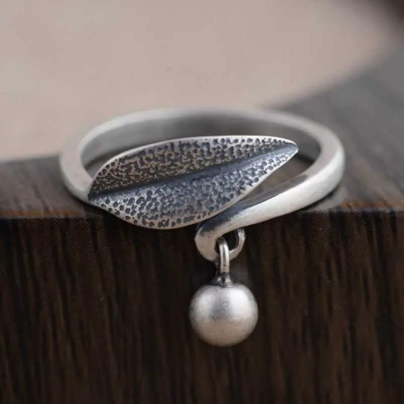 Band Rings Unibabe S925 Sterling Silver Retro Bambu Leaf Ball Open Ring Women Thai Silver Simple Craft Leaves Women's Ring Smyckespresent