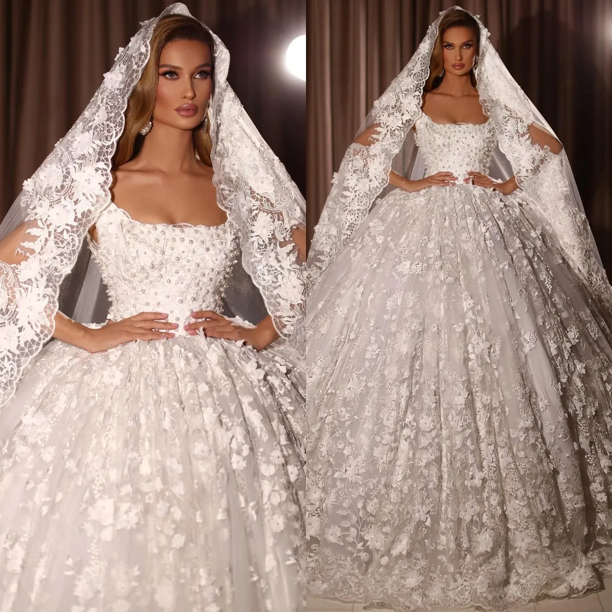 Kanten baljurken jurken vierkante nek parelparels prinses trouwjurk vegen trein bruidsjurken