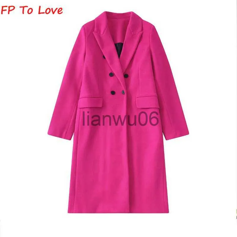 Kvinnorjackor FP för att älska kvinna Rose Red Long Sleeve Fashion Outfit Spring and Autumn Double Breasted Lapel Straight Chic Retro Long Coat J230810