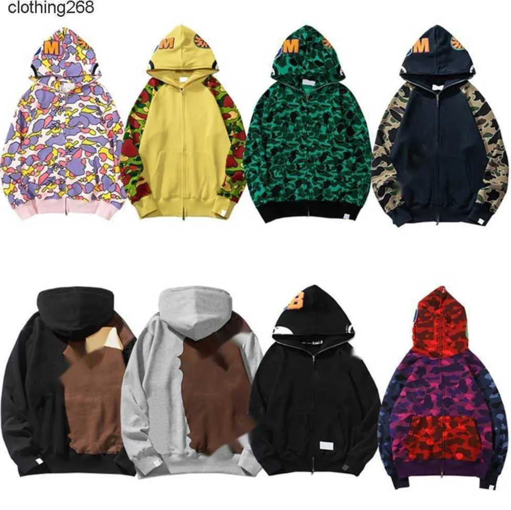 Hoodie Mens Designer Full zip Up Shark Hoodies for Woman Black Samouflage Jacket صفراء غطاء محرك قميص من النوع الثقيل مان للنساء سترة طويلة الأكمام