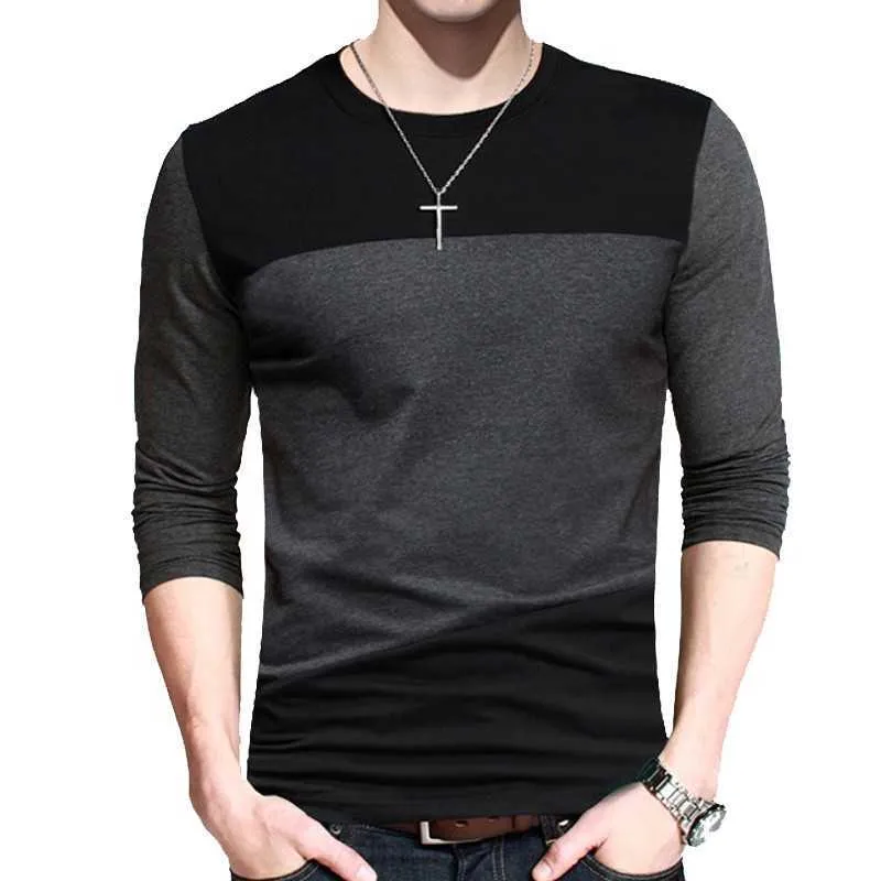 Browon Autumn Korean Mężczyzn T Shirt Vintage Patchwork Black Grey O-Neck Long Tshirt Men Odzież 2023 Plus M-5xl