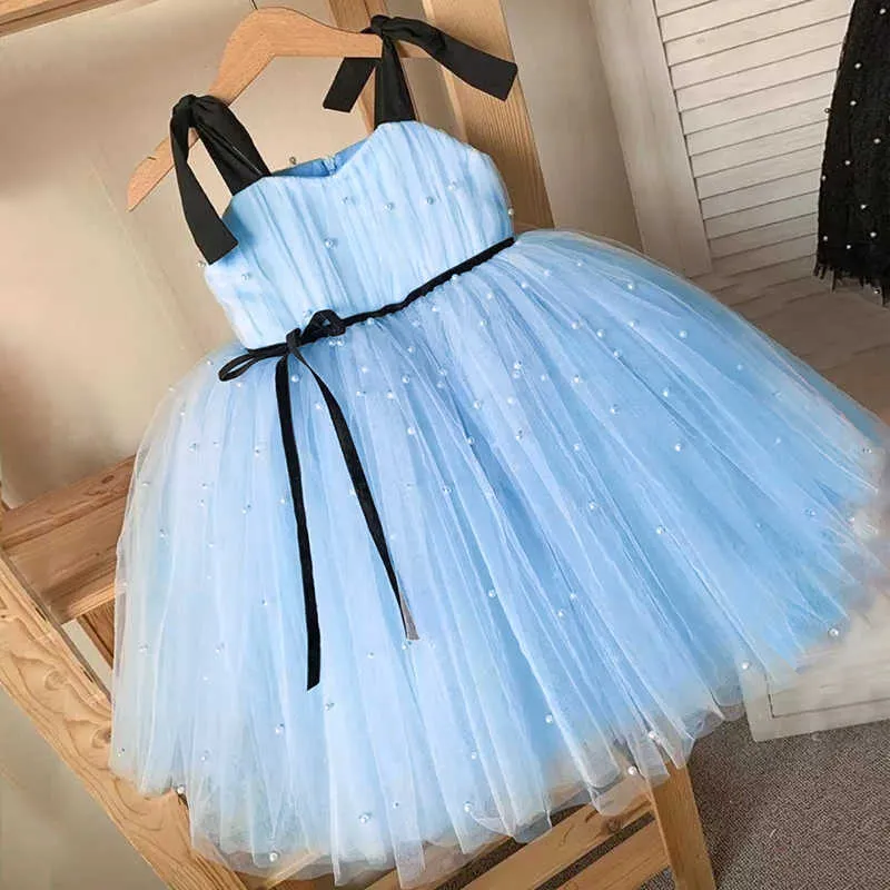 Girl's Dresses Summer Girl Tulle Dress Princess Party Fluffy Pearl Dress Kids Wedding Evening Gown Children Clothing Baby Clothes Vestidos