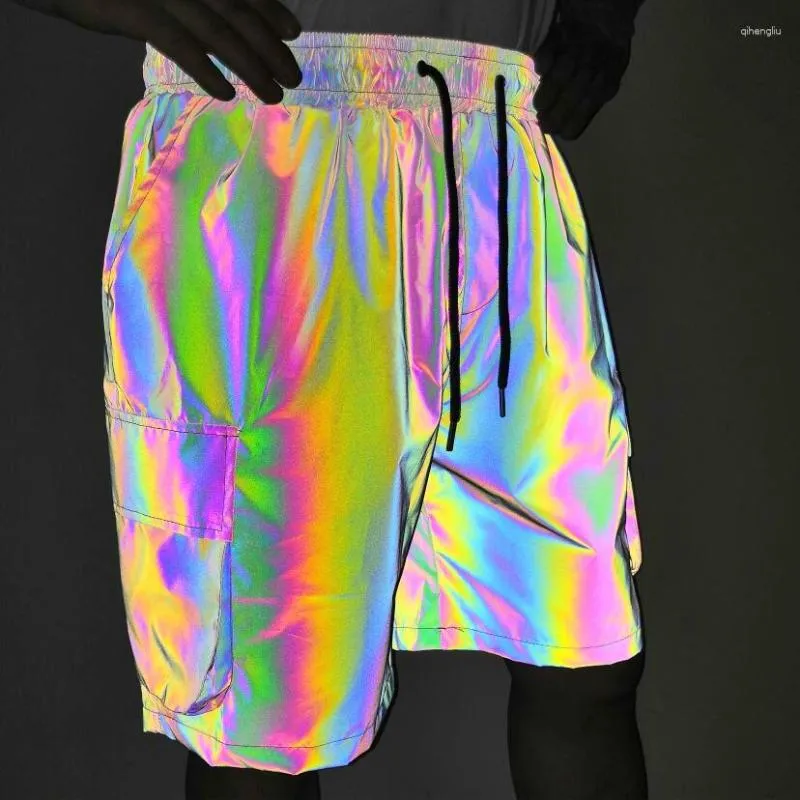 Mäns shorts harajuku mode män färgglada reflekterande hiphop streetwear fickor reflekterar ljuskläder Bermudas maskulina