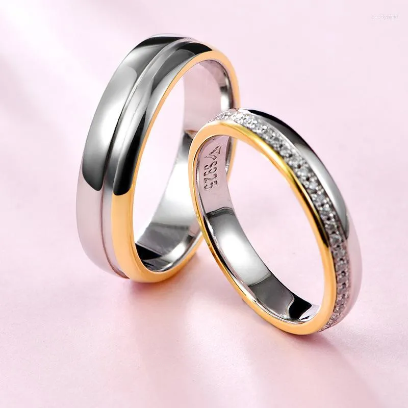 Klaster pierścieni solidny 925 Srebrny pierścień dla kobiet mężczyzn okrągły Moissanite Diamond para ślubna obrączka