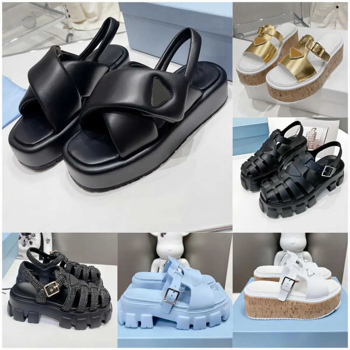 Sandales en caoutchouc en mousse Designer femmes triangle monolithe plate-forme de pantoufle plates plats nappa en cuir nappa paille douce flip flop de plage d'été shos