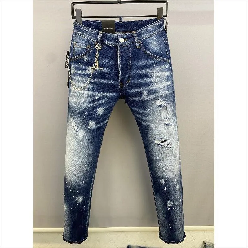 Mens Jeans Fashion Slim Moto Biker High Street Denim Fabric Pants Trendy Casual Hole Spray Paint 9873# 230809