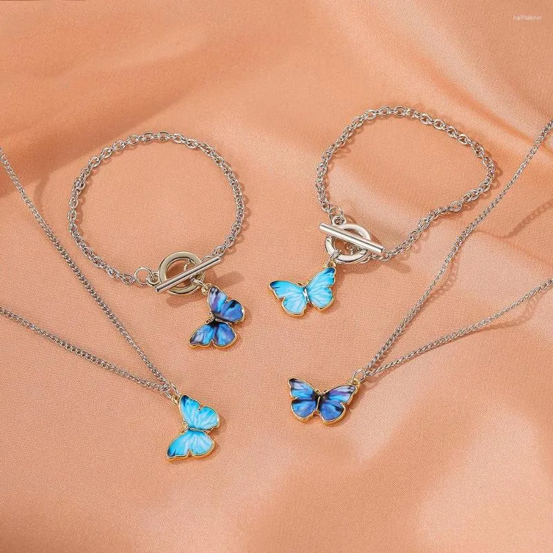 Necklace Earrings Set Fashion Cute Colorful Butterfly Jewelry Wholesale Clavicle Chain Bracelet For Women