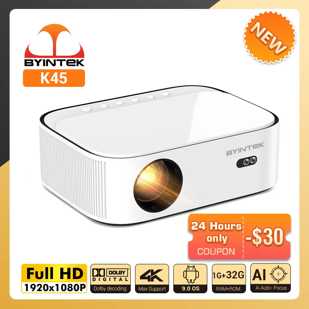 Projektörler Byintek K45 AI Otomatik Fokus Akıllı Android Wifi Tam HD 1920X1080 LCD LED Video Ev Sineması 1080p 4K Projektör 230809