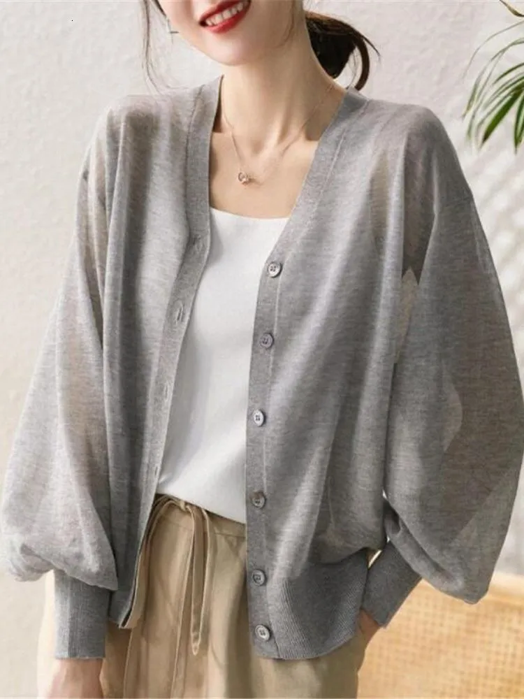 Women's Knits Tees Cardigan Women Thin Sun proof Summer Knitted Simple Casual Solid Temperament Single Breasted Sheer Vacation Mujer Clothes Ropa 230810