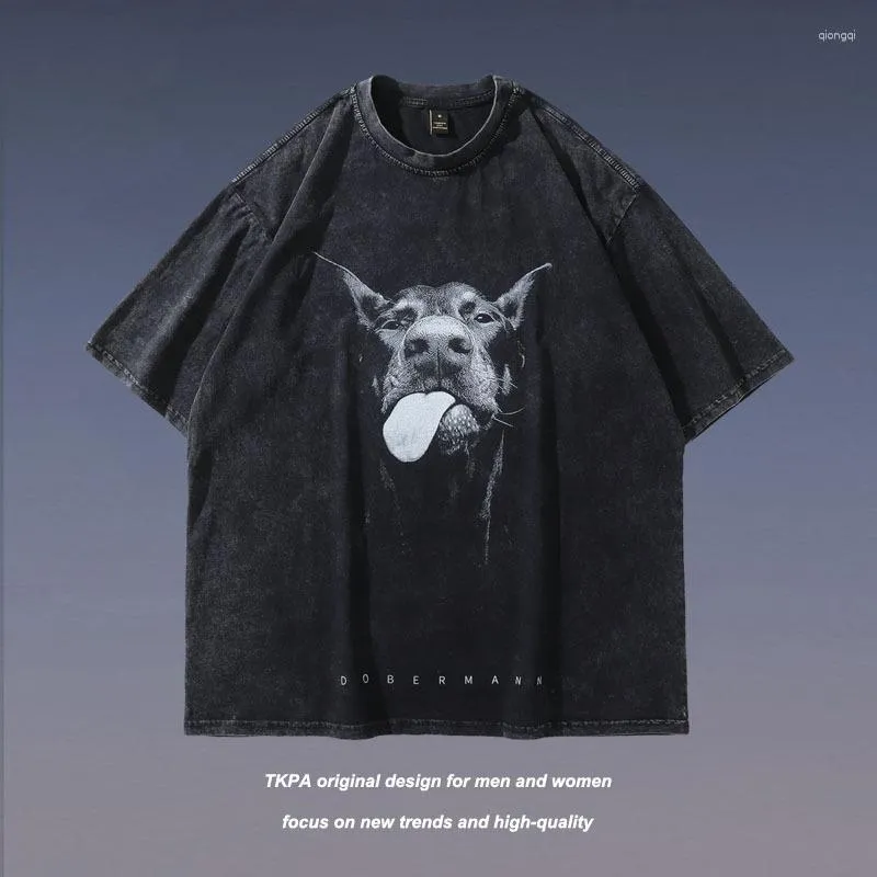 القمصان الخاصة بالرجال قميص كبير الحجم y2k hip hop dobermann كلب حيوان طباعة غسلت أزياء الشارع tshirt 2023 harajuku فضفاضة