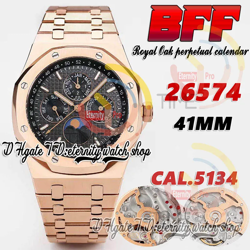 BFF BF26574 Сложная функция Cal.5134 A5134 Автоматические мужские часы 41 мм лунные фазы черные текстурированные маркеры циферблата