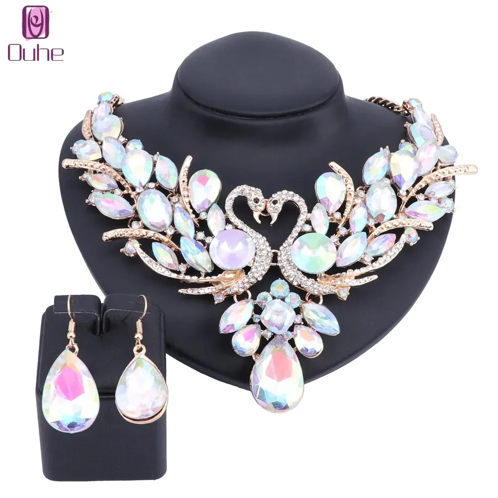 Luxury Gold Plated Multicolor Crystal New Collier Femme Double Swan Statement Necklace Earring for Women Party Wedding Jewelry Set