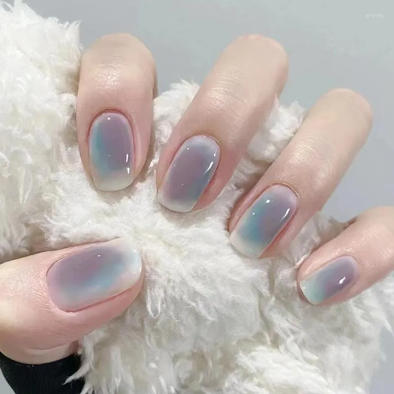 False Nails Blue Smudged Short Nail 팁 가짜 완성 된 제거 가능한 착용 가능한 도매 도구가있는 도구.