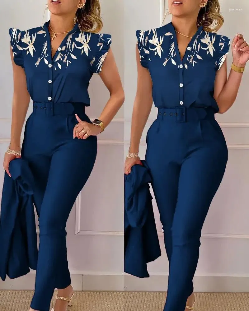 Elegant Summer Print Two Piece Shirt And Pants Set For Women High Waist Casual  Short Sleeve Office Lady V Neck Ladies Evening Trousers Suit From Jemimary,  $18.45